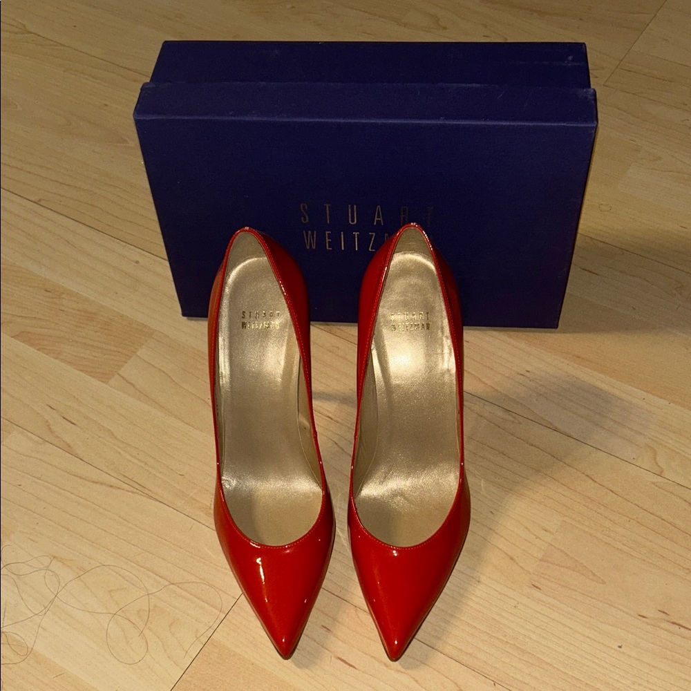 Stuart Weitzman Naughty Pimento Neon Patent Leather Point Toe Pump Stiletto Heel